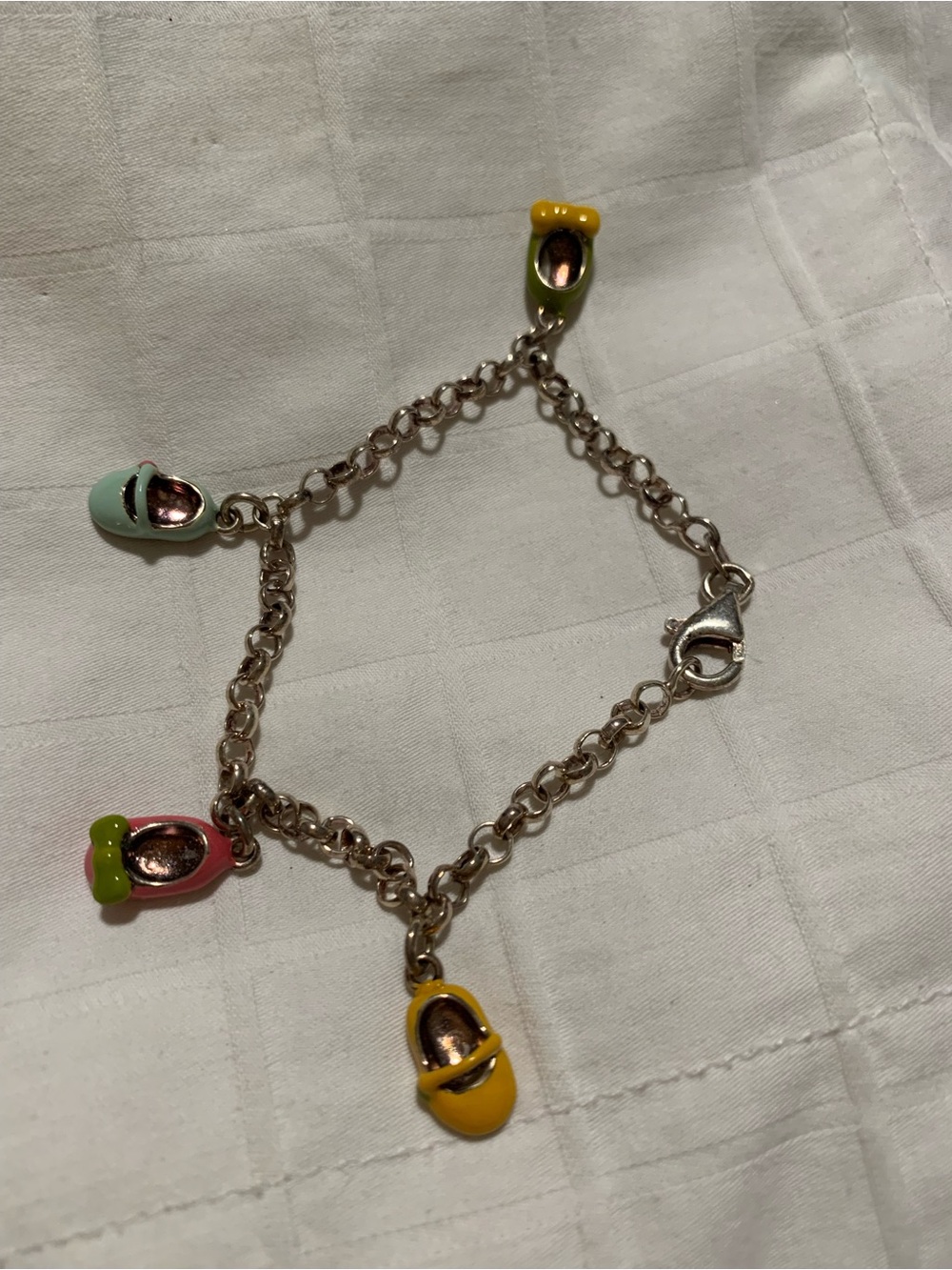 Italian Sterling Silver and Enamel Hand-Painted Baby Bootie Charm Bracelet